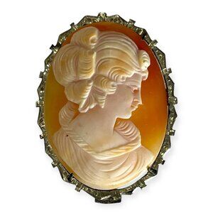 Antique Victorian Hand Carved Shell Cameo Sterling Silver Brooch Pendant 1.75"
